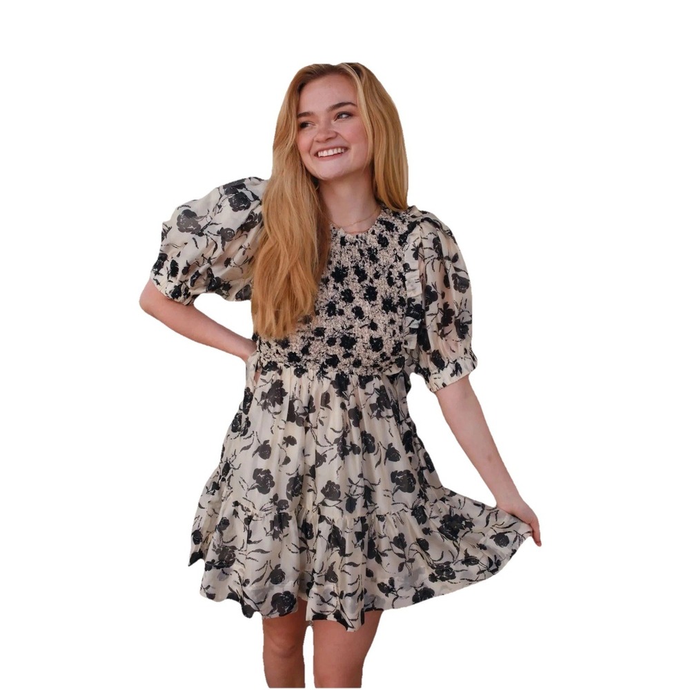 Sofie The Label Black Beige Smocking Mini Dress‎ Size Medium